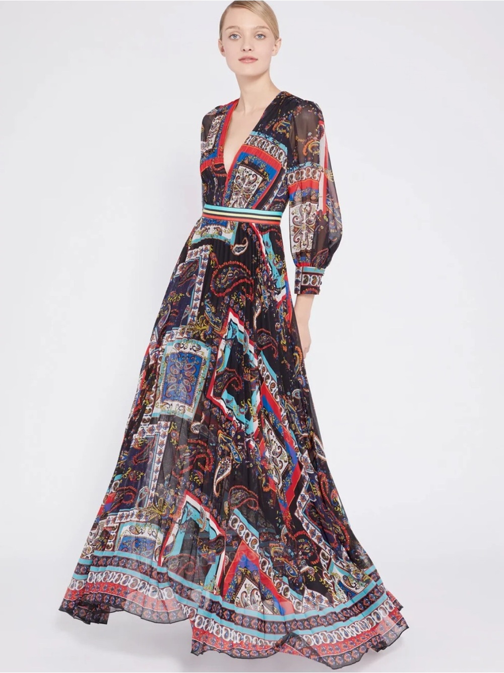 Alice + Olivia - Cheney Slit Sleeve Pleated Dress in Royalty Paisley